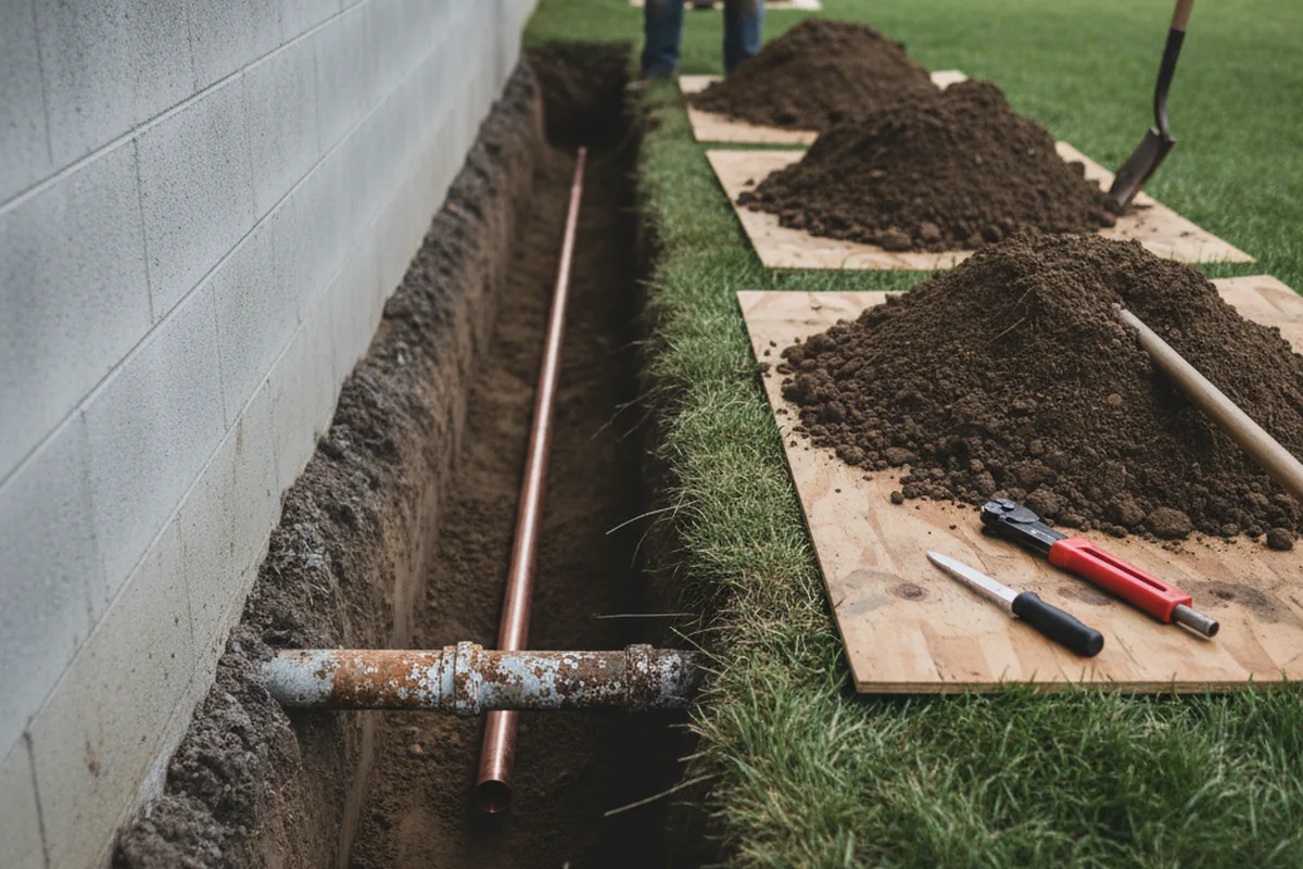Excavated water line trench during Sewer Line Repair in Massapequa Park